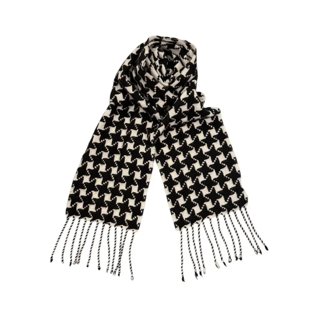Ann Taylor 100% Cashmere Houndstooth Fringe Scarf Black Ivory Soft Wrap